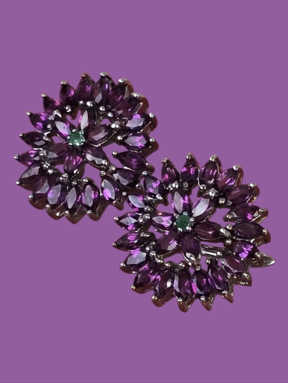 925 Sterling Silver Earrings 2.2cm with Natural Rhodolite Garnet & Emerald Gem